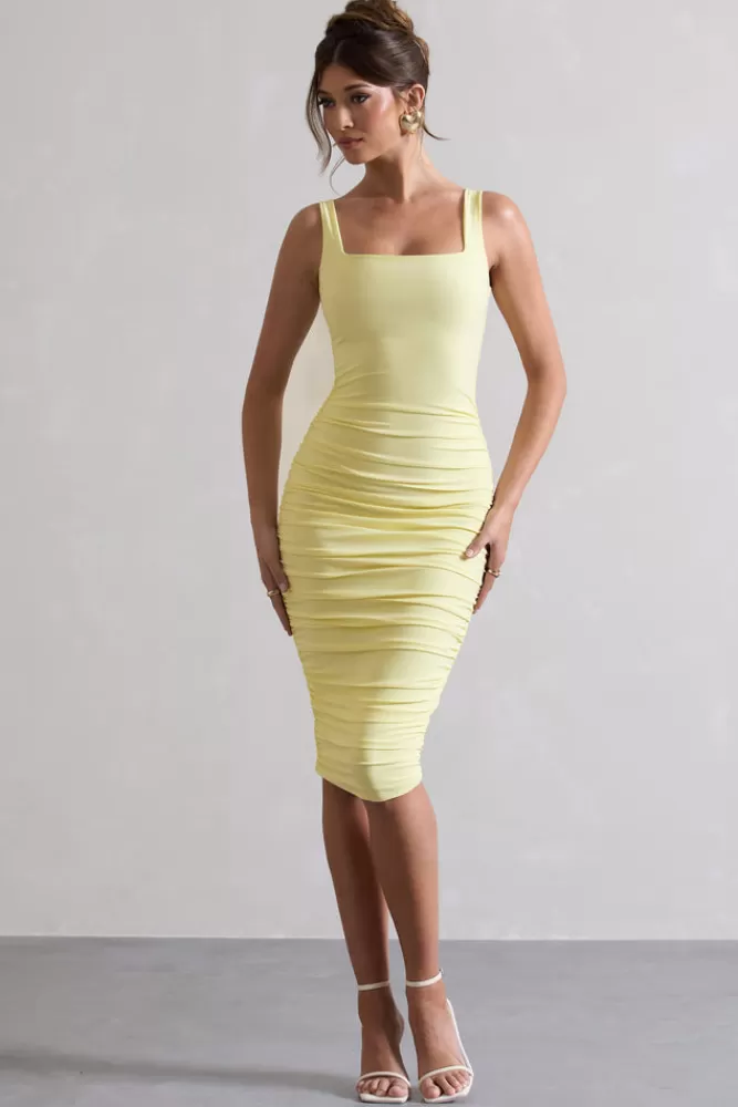 Club L London Lisbon | Lemon Square Neck Ruched Midi Dress DUCKLING Clearance