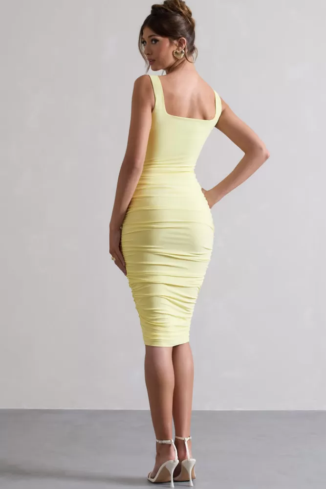 Club L London Lisbon | Lemon Square Neck Ruched Midi Dress DUCKLING Clearance