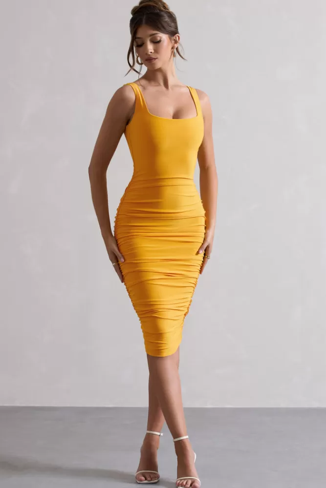 Club L London Lisbon | Mango Square Neck Ruched Midi Dress STOCKMANGOYELLOW Store