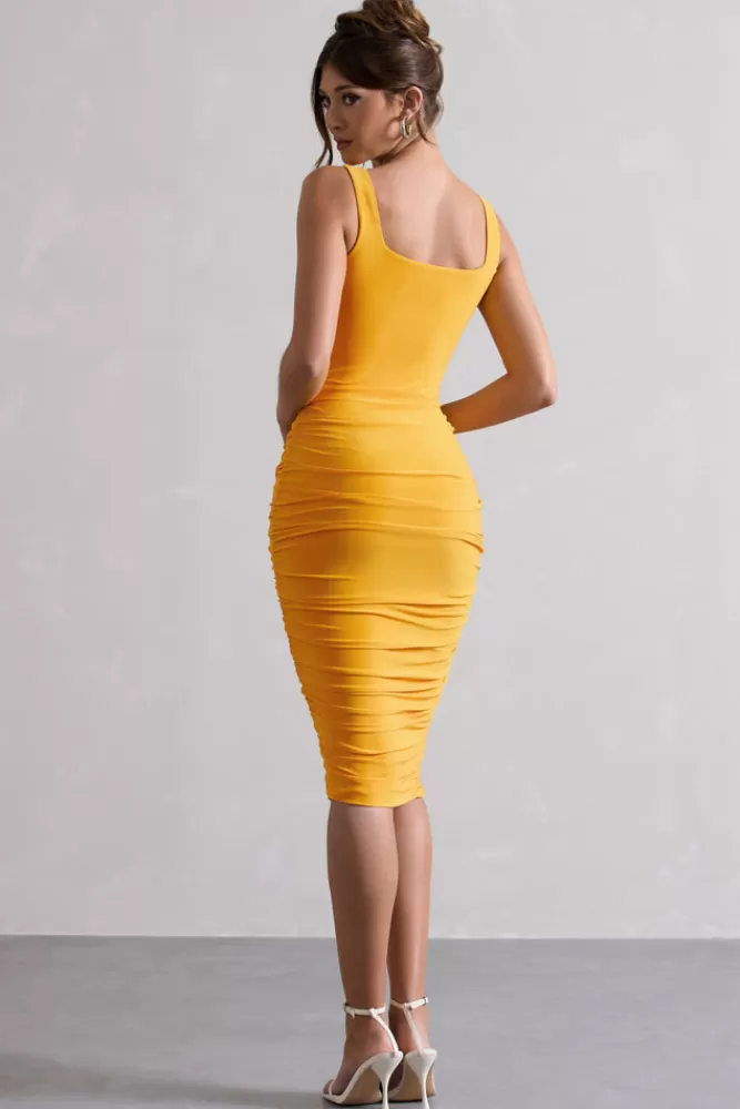 Club L London Lisbon | Mango Square Neck Ruched Midi Dress STOCKMANGOYELLOW Store