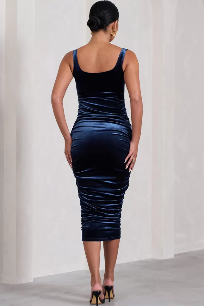 Club L London Lisbon | Velvet Maternity Square Neck Ruched Midi Dress NAVY Hot