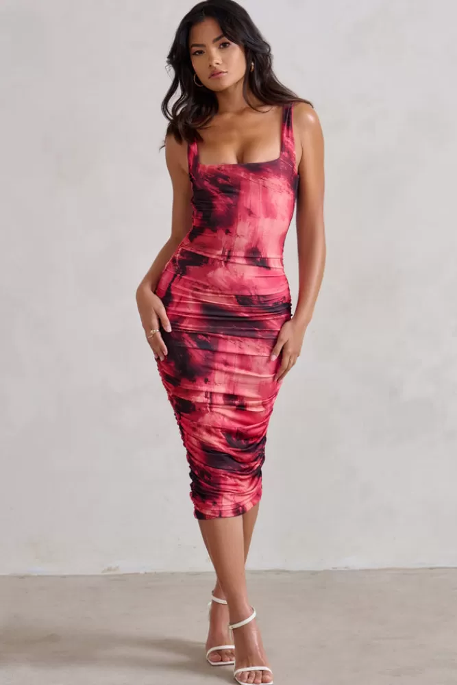 Club L London Lisbon | Pink Printed Square Neck Ruched Midi Dress MULTI Flash Sale