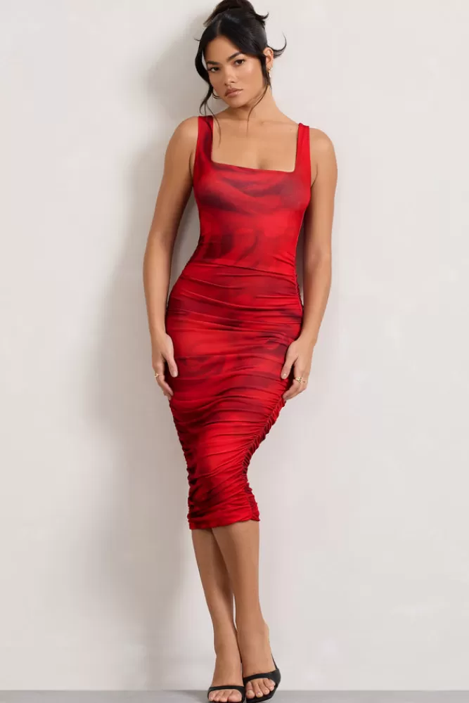Club L London Lisbon | Red Rose Print Square Neck Ruched Midi Dress MULTI Store