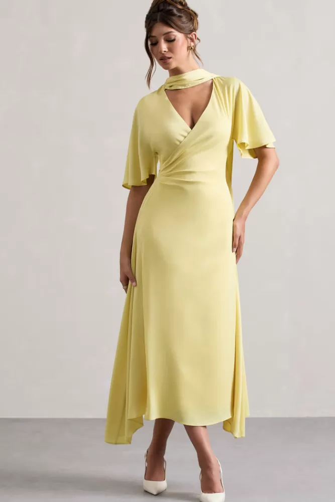 Club L London Lisette | Lemon Asymmetric Flutter-Sleeve Maxi Dress SHERBETLEMON Cheap