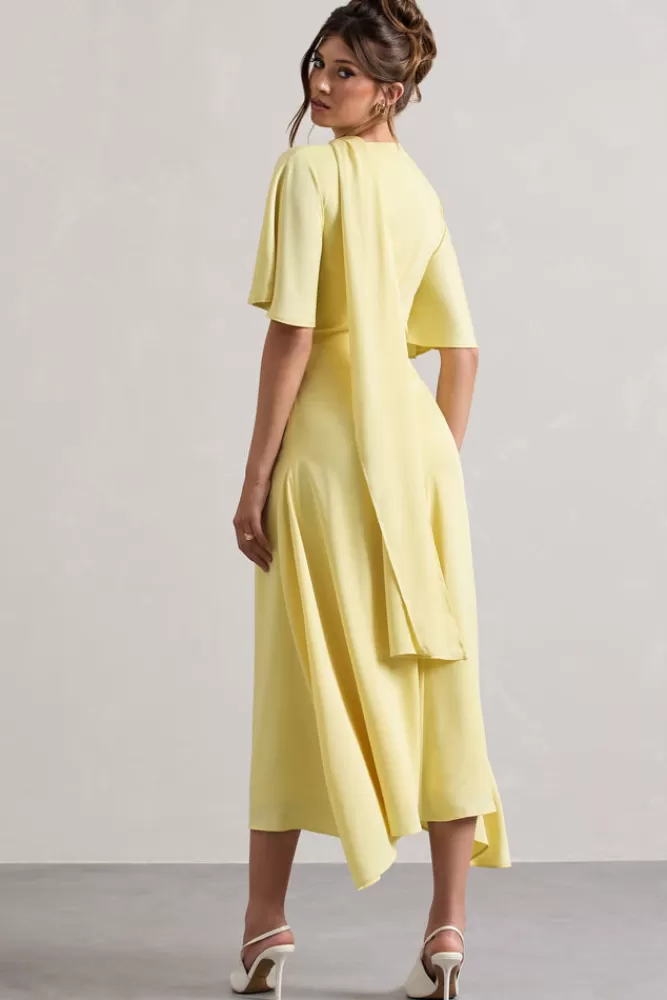 Club L London Lisette | Lemon Asymmetric Flutter-Sleeve Maxi Dress SHERBETLEMON Cheap