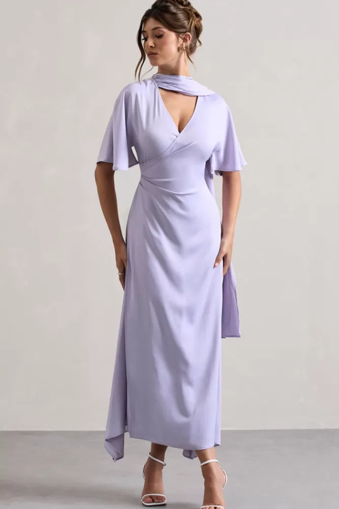 Club L London Lisette | Asymmetric Flutter-Sleeve Maxi Dress LILAC Clearance