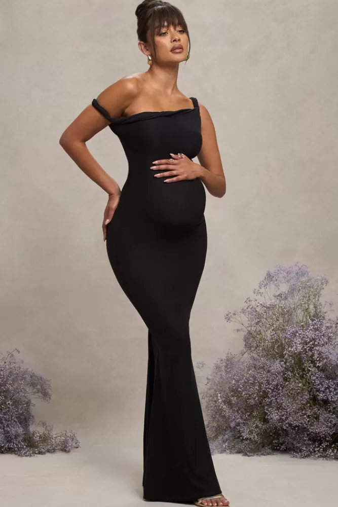 Club L London Lita | Twisted Asymmetric Maternity Maxi Dress BLACK Cheap