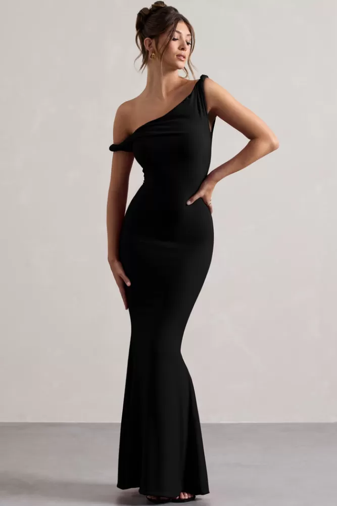 Club L London Lita | Twisted Asymmetric Maxi Dress BLACK New