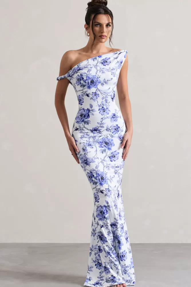 Club L London Lita | Blue Floral Twisted Asymmetric Maxi Dress FLORALPRINT Best Sale