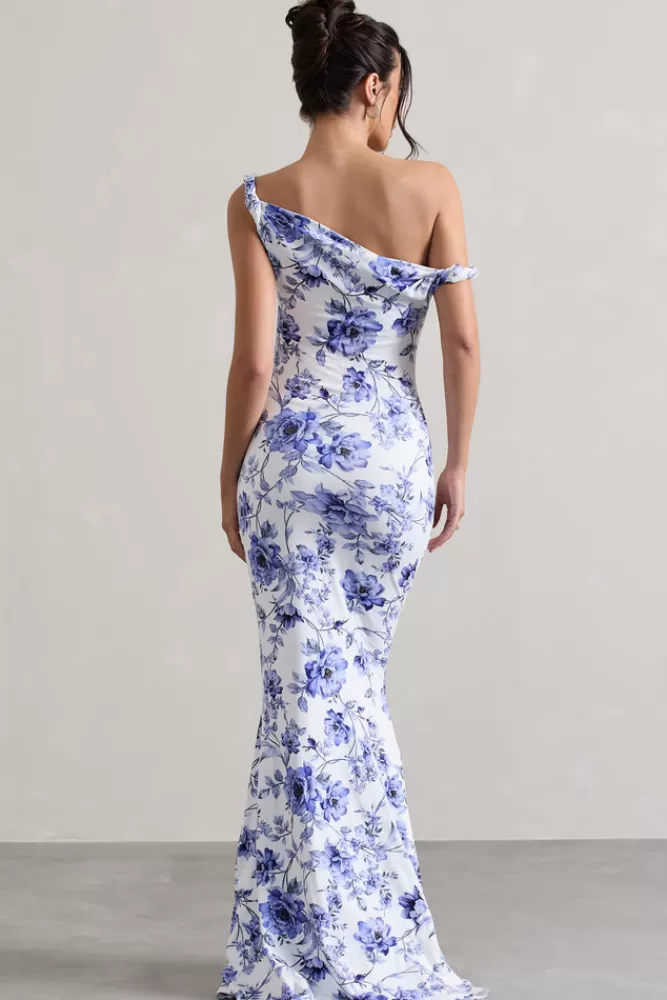 Club L London Lita | Blue Floral Twisted Asymmetric Maxi Dress FLORALPRINT Best Sale