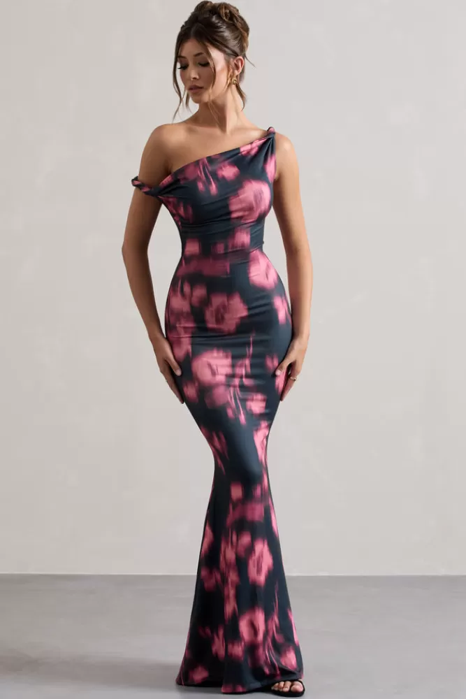 Club L London Lita | Pink Abstract Print Twisted Asymmetric Maxi Dress ABSTRACTPRINT Sale