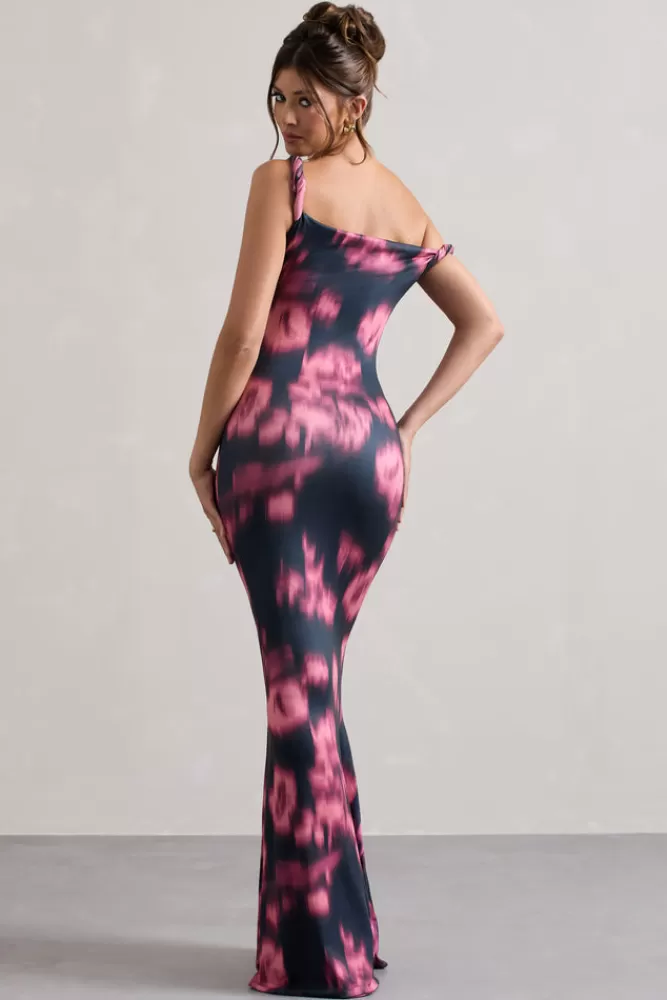 Club L London Lita | Pink Abstract Print Twisted Asymmetric Maxi Dress ABSTRACTPRINT Sale