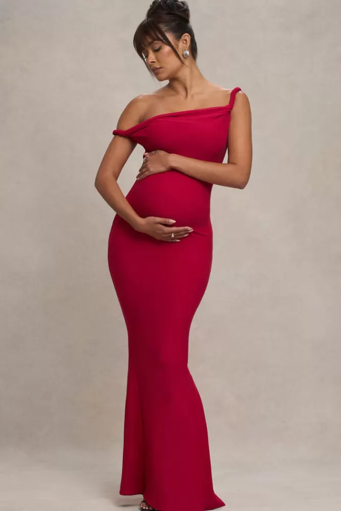 Club L London Lita | Twisted Asymmetric Maternity Maxi Dress RED Flash Sale