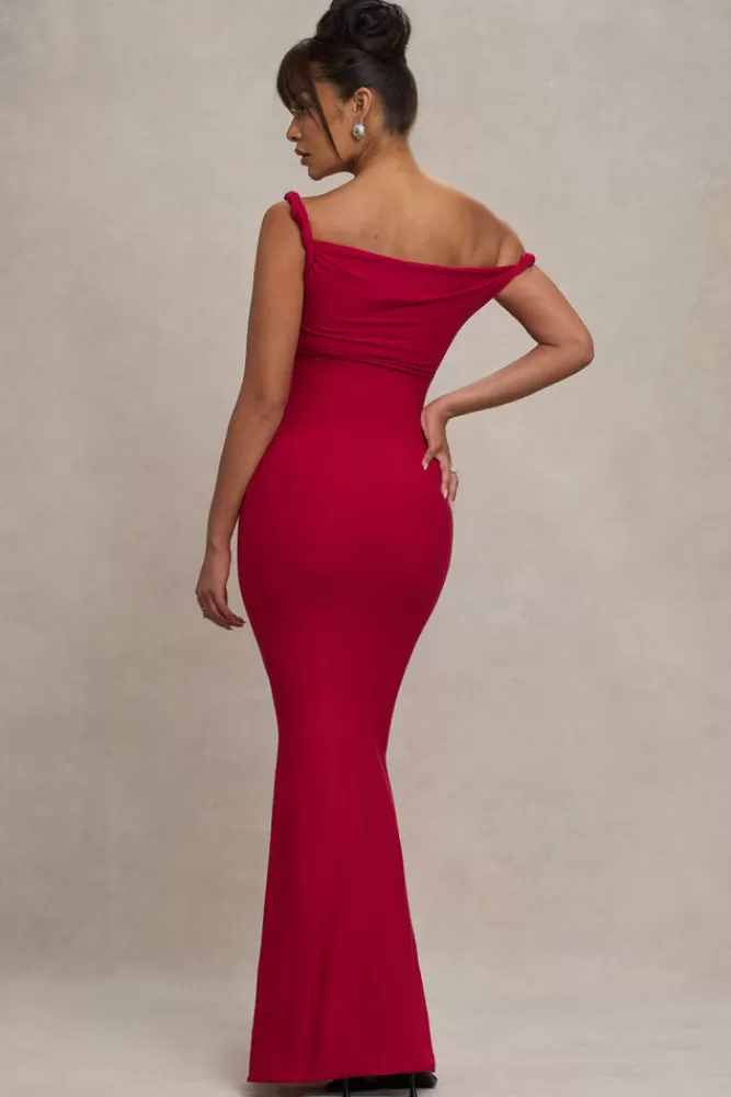 Club L London Lita | Twisted Asymmetric Maternity Maxi Dress RED Flash Sale