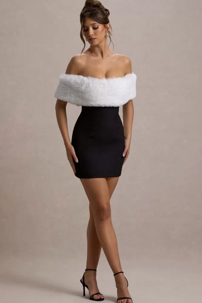 Club L London Little Luxe | Black Bardot Mini Dress With White Fur Trim BLACKANDWHITE Clearance