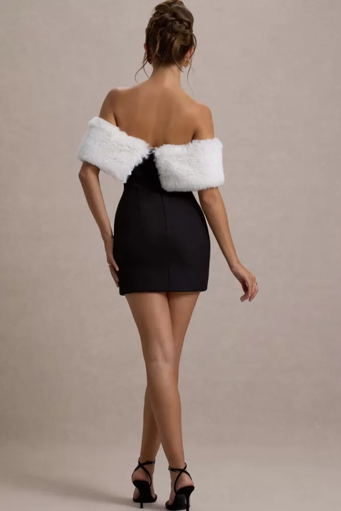Club L London Little Luxe | Black Bardot Mini Dress With White Fur Trim BLACKANDWHITE Clearance