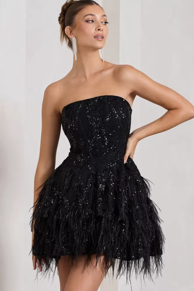 Club L London Little Wish | Sequin Lace Strapless Mini Dress With Feathers BLACK Cheap
