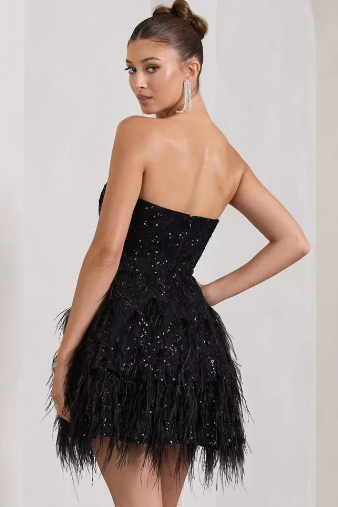 Club L London Little Wish | Sequin Lace Strapless Mini Dress With Feathers BLACK Cheap