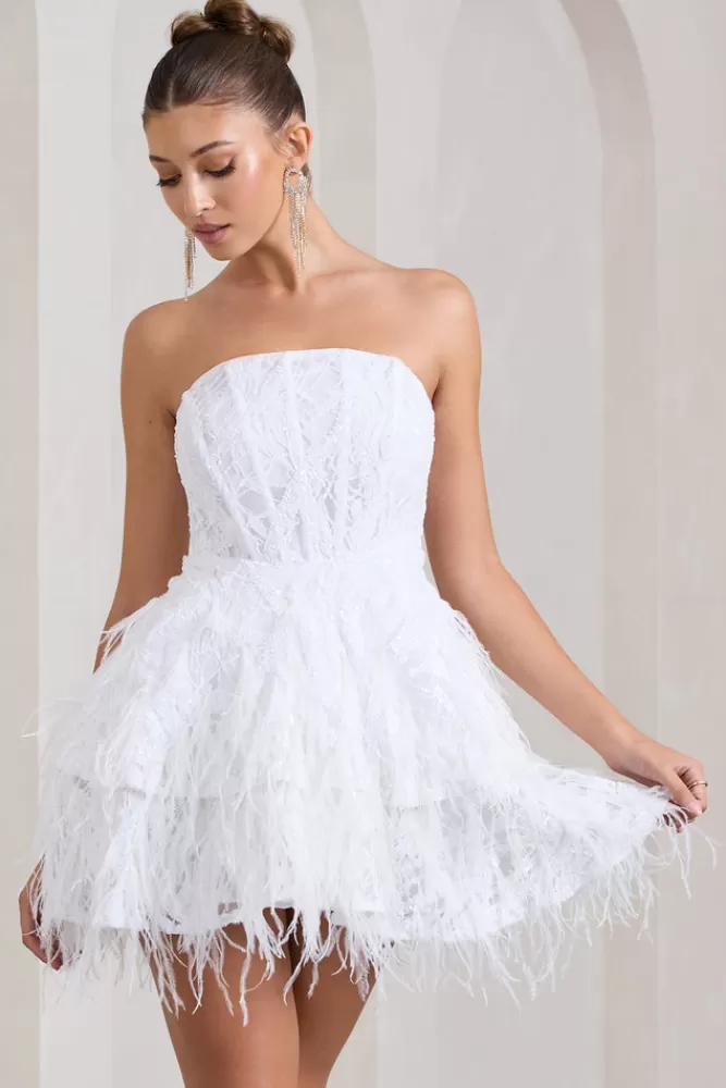 Club L London Little Wish | Sequin Lace Strapless Mini Dress With Feathers WHITE Hot