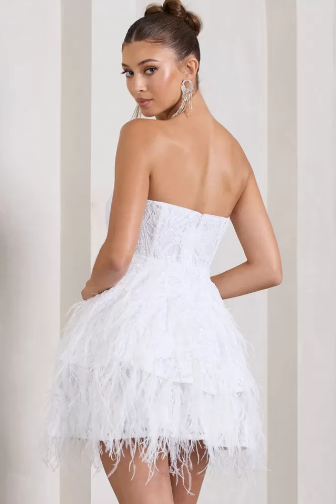 Club L London Little Wish | Sequin Lace Strapless Mini Dress With Feathers WHITE Hot