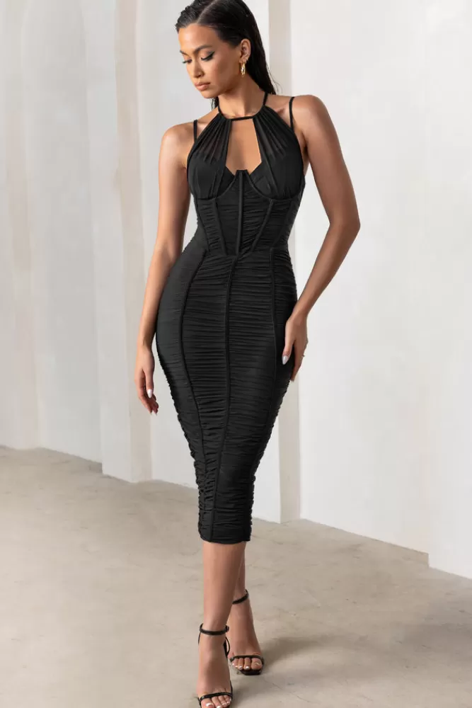 Club L London Liveliness | Halter Neck Midi Dress With Mesh Overlay BLACK Shop