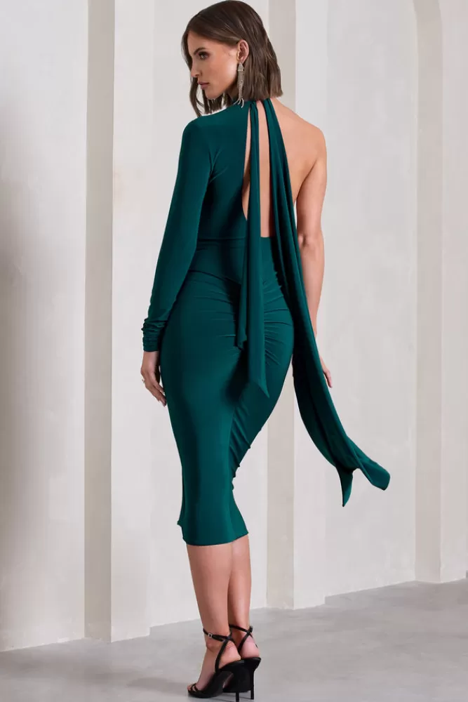 Club L London Liz | Bottle Green Halter-Neck One Sleeve Open-Back Midi Dress With Sash BOTTLEGREEN Best