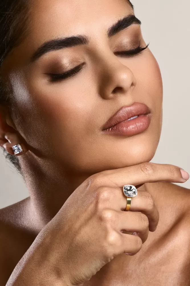 Club L London Liza | Gold Adjustable Cushion Cut Ring CLEAR Fashion