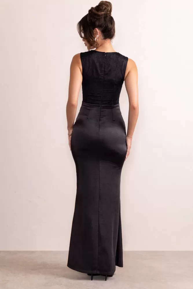 Club L London Lola | Satin Reverse Sweetheart Lace Overlay Maxi Dress With Diamante Trim BLACK Online