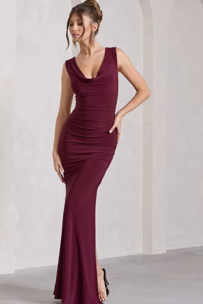 Club L London Lolita | Burgundy Ruched Cowl-Neck Sleeveless Maxi Dress DARKCHERRY Hot