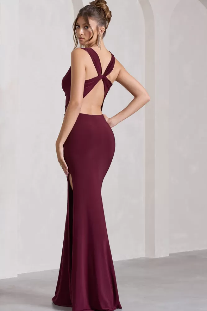 Club L London Lolita | Burgundy Ruched Cowl-Neck Sleeveless Maxi Dress DARKCHERRY Hot