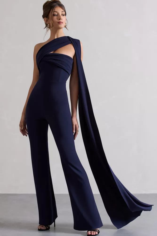 Club L London Lorah | One Shoulder Wide-Leg Jumpsuit With Sash NAVY Cheap