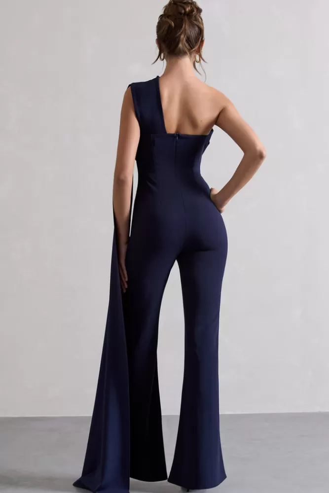 Club L London Lorah | One Shoulder Wide-Leg Jumpsuit With Sash NAVY Cheap