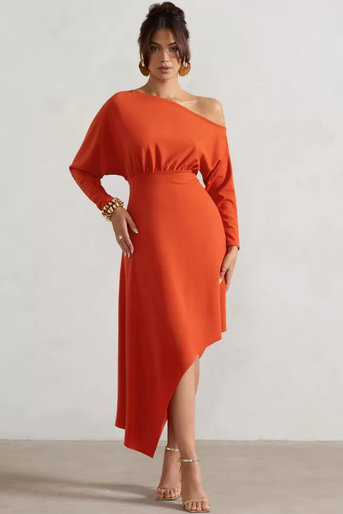 Club L London Lori | Orange Asymmetric Long-Sleeve Maxi Dress MANDARINORANGE Best Sale