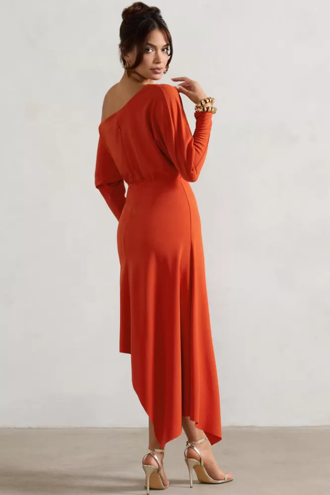 Club L London Lori | Orange Asymmetric Long-Sleeve Maxi Dress MANDARINORANGE Best Sale