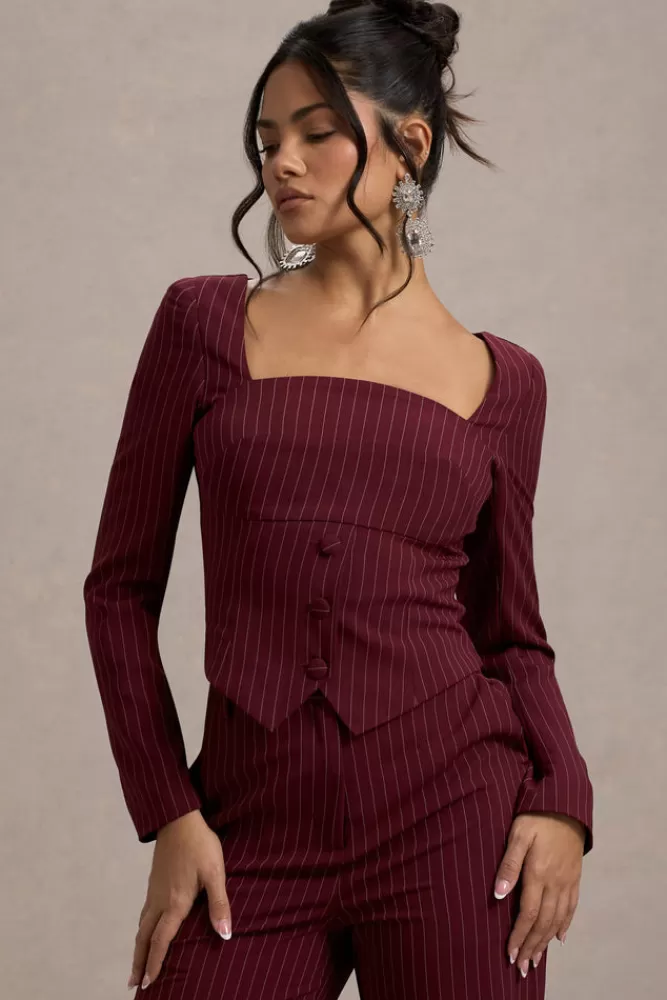 Club L London Los Angeles | Pinstripe Tailored Top WINE Hot