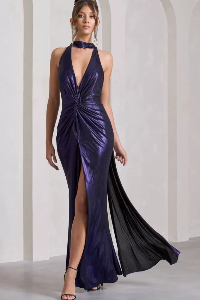 Club L London Lost | Purple Metallic Halter-Neck Cut-Out Split Maxi Dress With Drape BLACKBERRYJAM Store