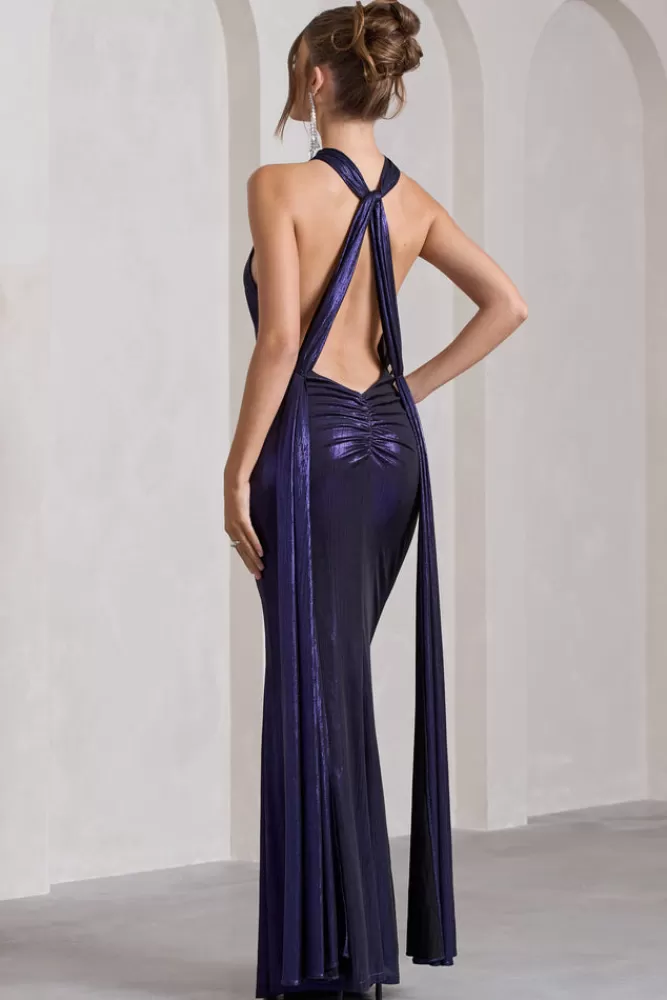 Club L London Lost | Purple Metallic Halter-Neck Cut-Out Split Maxi Dress With Drape BLACKBERRYJAM Store