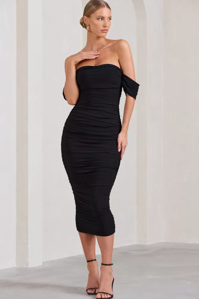 Club L London Lost For Words | Bardot Ruched Draped Midi Dress BLACK Online