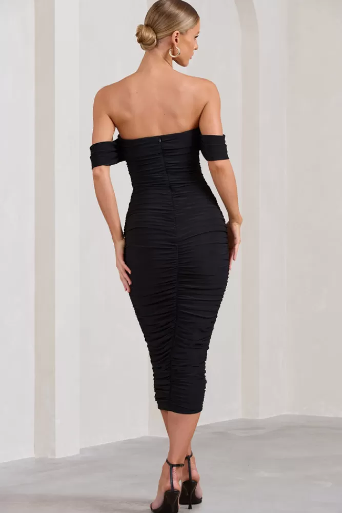 Club L London Lost For Words | Bardot Ruched Draped Midi Dress BLACK Online