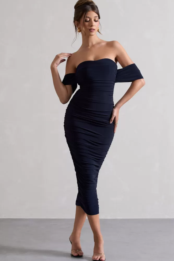 Club L London Lost For Words | Bardot Ruched Draped Midi Dress NAVY Cheap