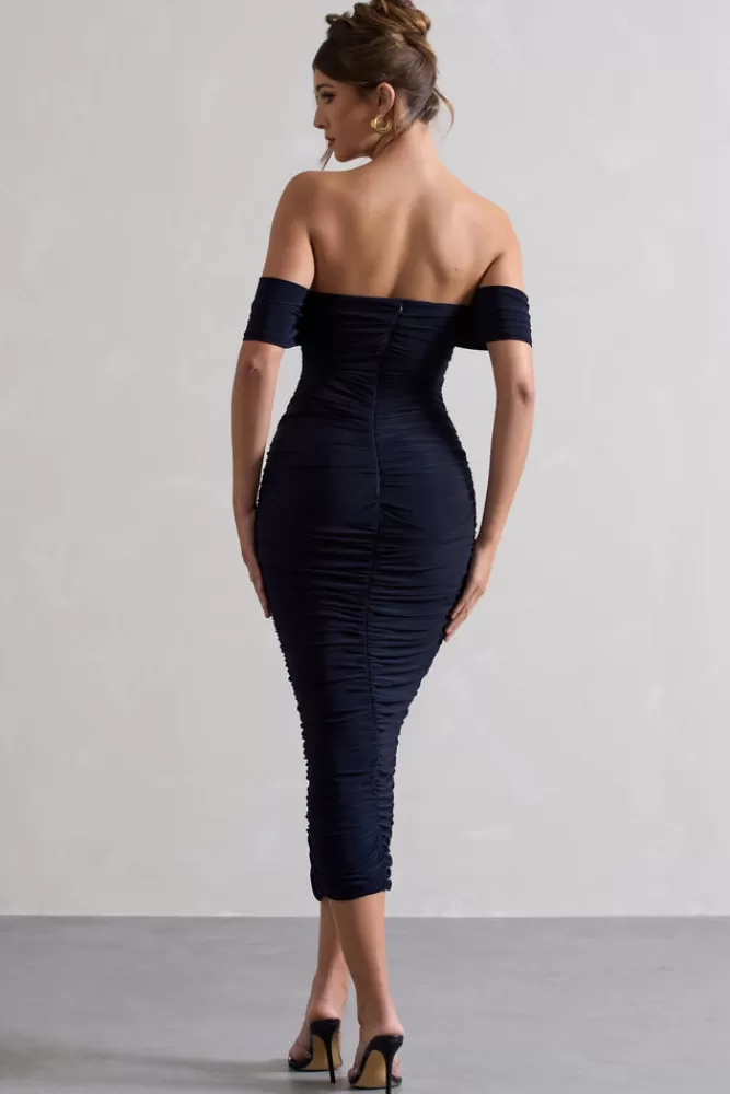 Club L London Lost For Words | Bardot Ruched Draped Midi Dress NAVY Cheap