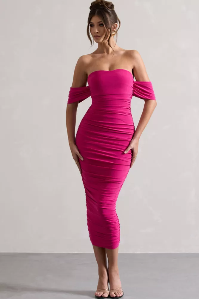 Club L London Lost For Words | Pink Bardot Ruched Draped Midi Dress BOUDOIRRED Online