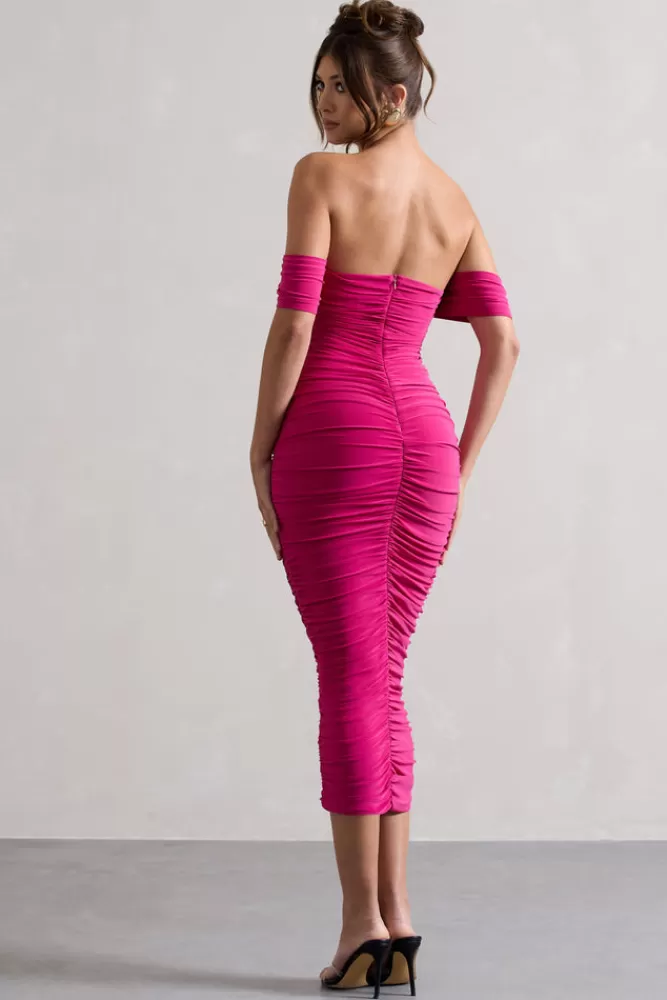 Club L London Lost For Words | Pink Bardot Ruched Draped Midi Dress BOUDOIRRED Online