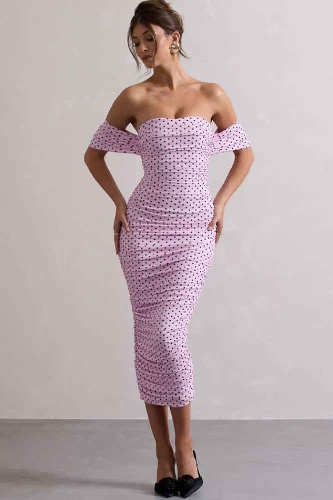 Club L London Lost For Words | Pink Polka Dot Bardot Ruched Draped Midi Dress PINKPOLKA Sale