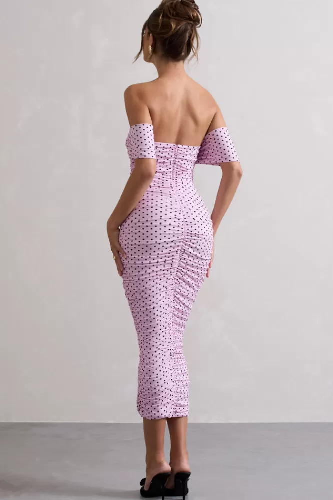 Club L London Lost For Words | Pink Polka Dot Bardot Ruched Draped Midi Dress PINKPOLKA Sale