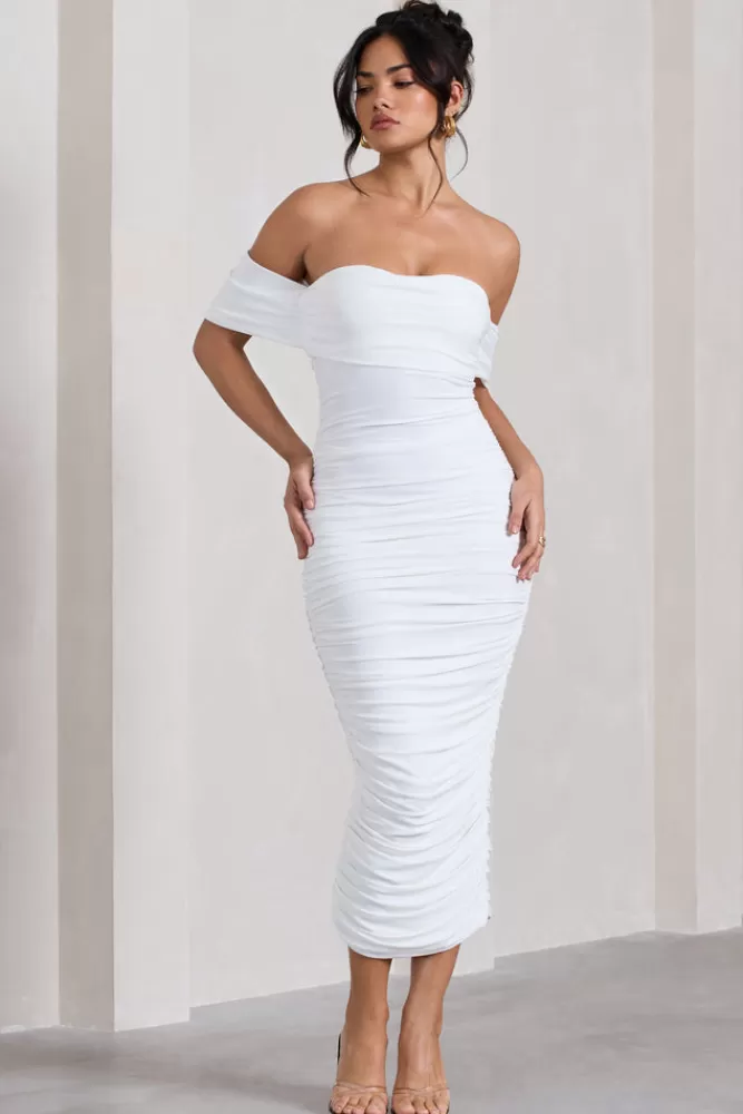 Club L London Lost For Words | Bardot Ruched Draped Midi Dress White Store