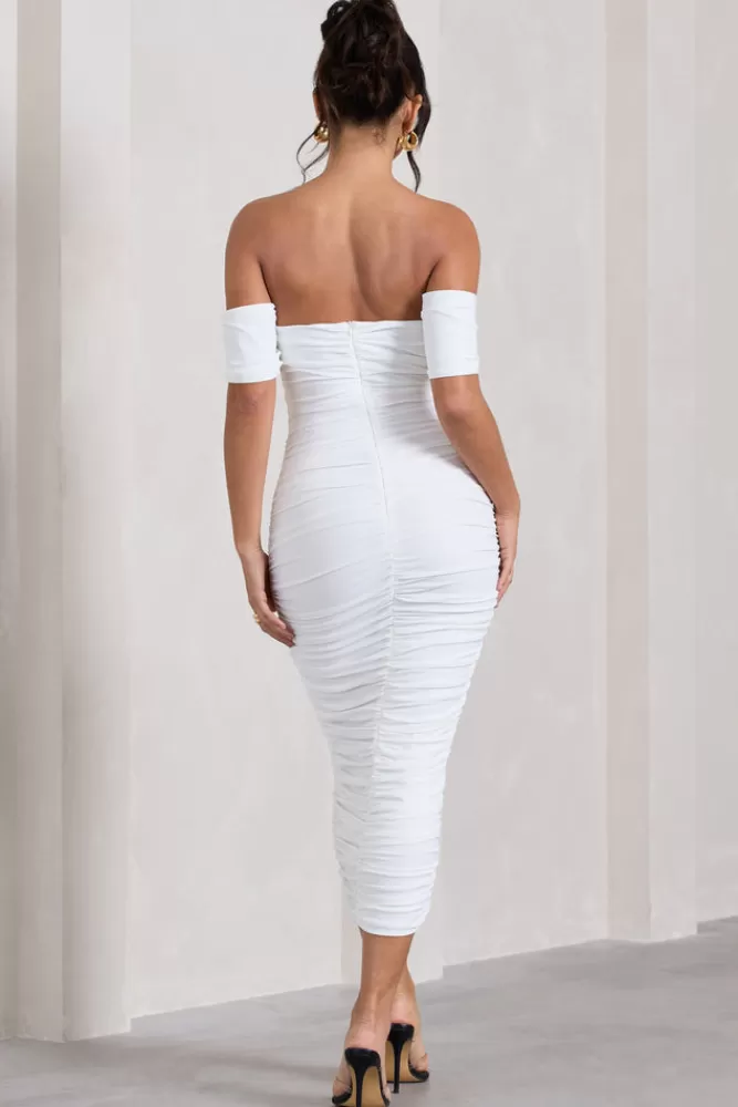 Club L London Lost For Words | Bardot Ruched Draped Midi Dress White Store