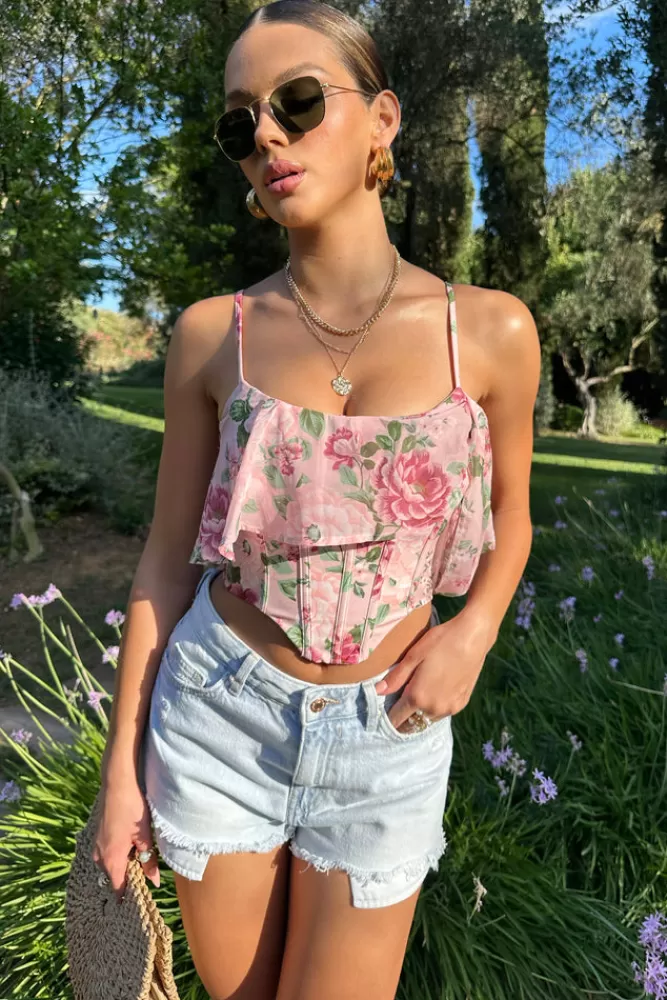Club L London Lost In Your Love | Pink Floral Print Asymmetric Corset Top With Draped Chiffon Sleeve MULTI Sale