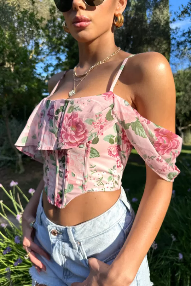 Club L London Lost In Your Love | Pink Floral Print Asymmetric Corset Top With Draped Chiffon Sleeve MULTI Sale