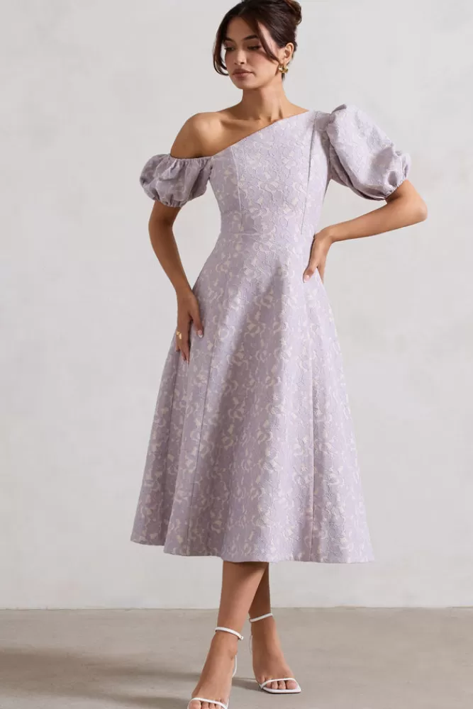 Club L London Lottie | Mauve Lace Asymmetric Puff-Sleeve Maxi Dress MAUVELACE Sale